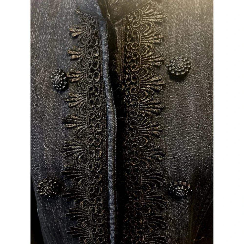 Bay Studio Dark Wash Denim Jacket Soutache Embroidery Beaded Trim Buttons Sz Lg